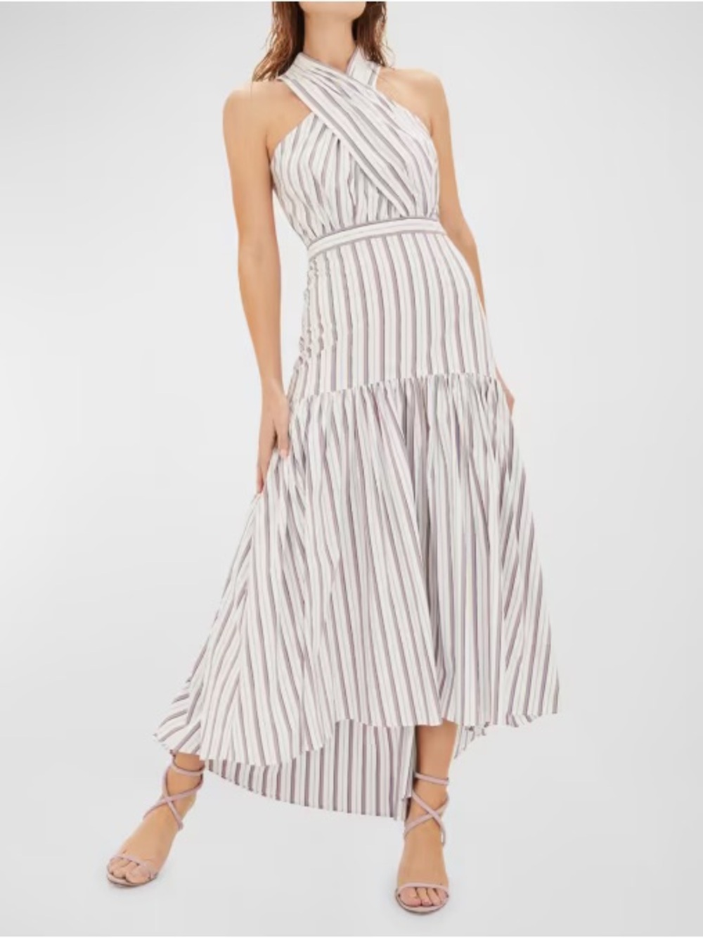 Veronica Beard Radley White Poplin Striped Hi-Low Halter Midi Dress